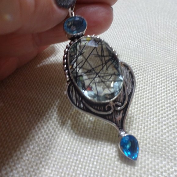 Stunning "TOURMALINE QUARTZ & BLUE TOPAZ" Handmade Sterling Pendant/Chain #452B - Picture 1 of 3